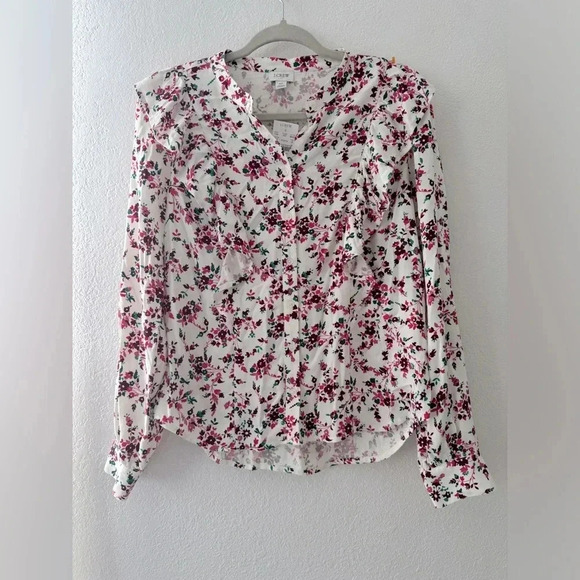 J Crew chic feminine long sleeve floral ruffle top size XS button front - Picture 3 of 16